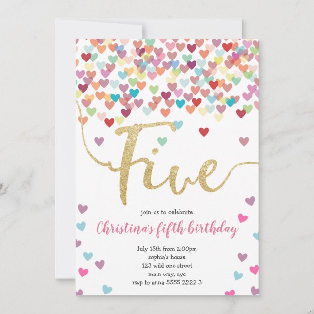 Invitation Fille 5e Anniversaire Coeurs Confetti Rainbow Part (Devant)