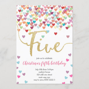 Invitation Fille 5e Anniversaire Coeurs Confetti Rainbow Part