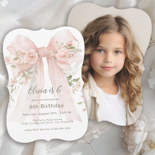 Invitation Fille 6e Anniversaire Rose Floral Nœud et Photo