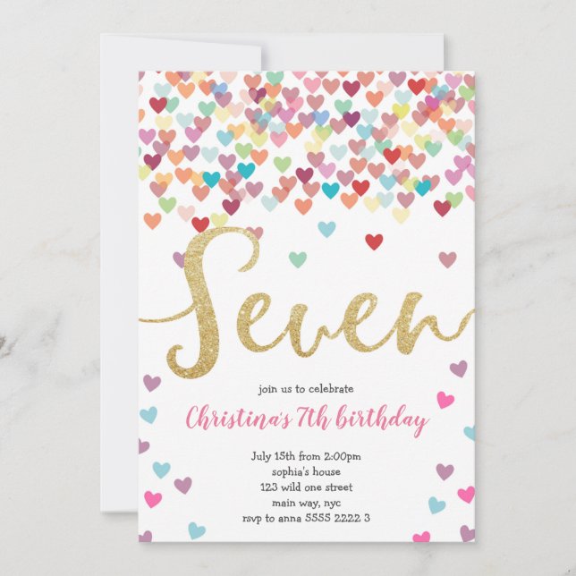Invitation Fille 7e Anniversaire Coeurs Confetti Rainbow Part (Devant)
