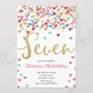 Invitation Fille 7e Anniversaire Coeurs Confetti Rainbow Part
