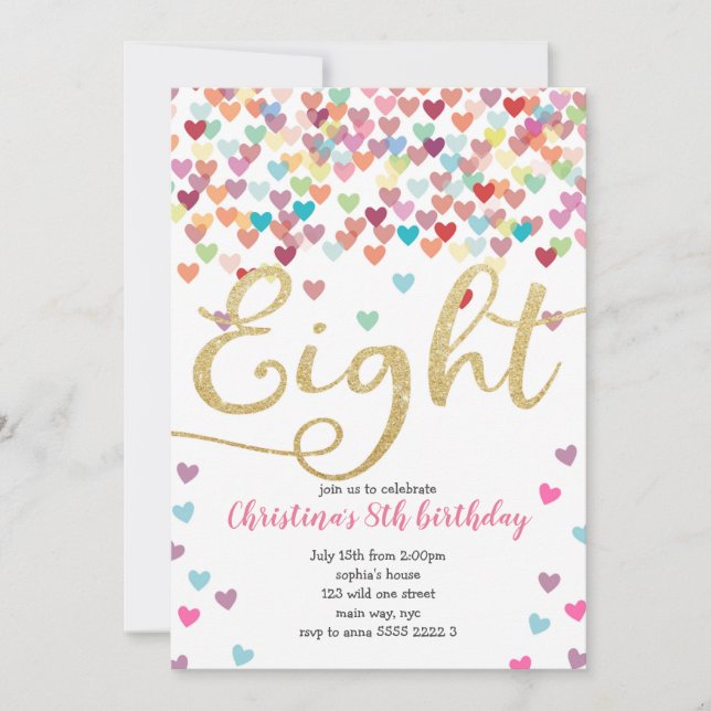 Invitation Fille 8e anniversaire Coeurs Confetti Parties scin (Devant)