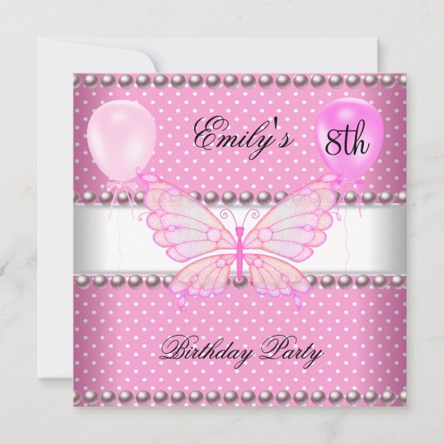 Invitation Fille 8ème Anniversaire Papillon Rose Perles Ballo (Devant)