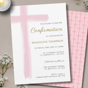 Invitation Fille à la Croix Rose de Confirmation Simple