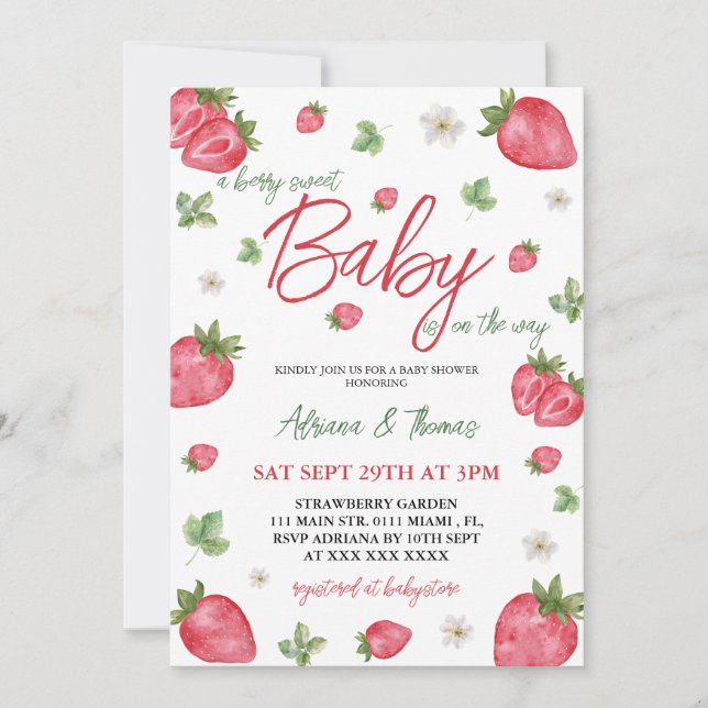 Invitation Fille à la fraise Baby Shower Aquarelle (Devant)