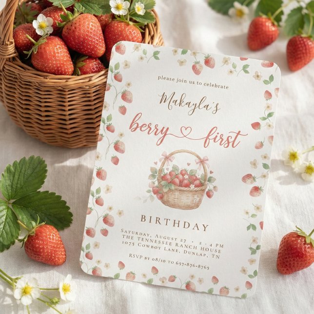 Invitation Fille à la fraise pour le premier anniversaire aqu (Créateur téléchargé)