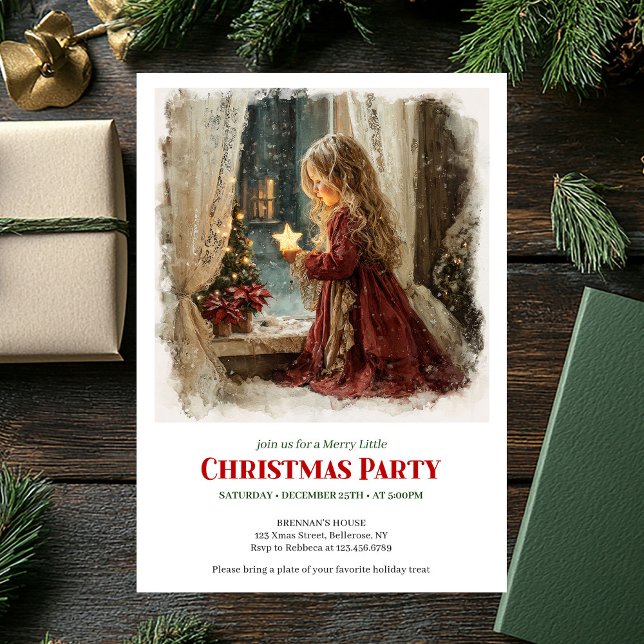 Invitation Fille à l'ancienne attend l'invitation numérique d (Old fashioned girl awaits Santa digital invitation)
