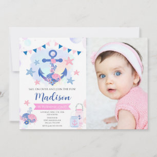 Invitation Fille à l'ancre Navy Rose Nautique 1er Anniversair