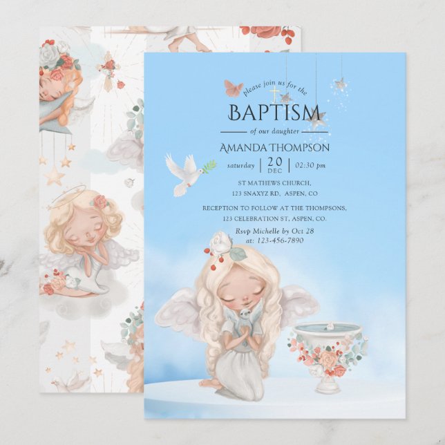 Invitation Fille à l'aquarelle Ange Baptême (Devant / Derrière)