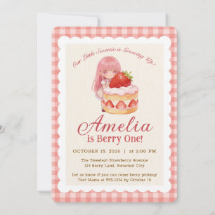 Invitation Fille à l'aquarelle douce fraise 1er anniversaire