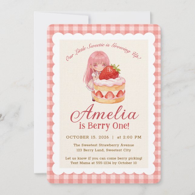 Invitation Fille à l'aquarelle douce fraise 1er anniversaire (Devant)