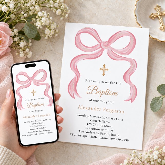 Invitation Fille à l'arc rose Baptême (Créateur téléchargé)