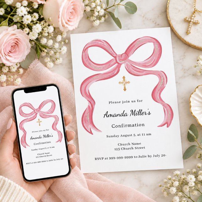 Invitation Fille à l'arc rose Confirmation (Créateur téléchargé)