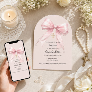 Invitation Fille à l'arc rose perles champagne arche Baptême
