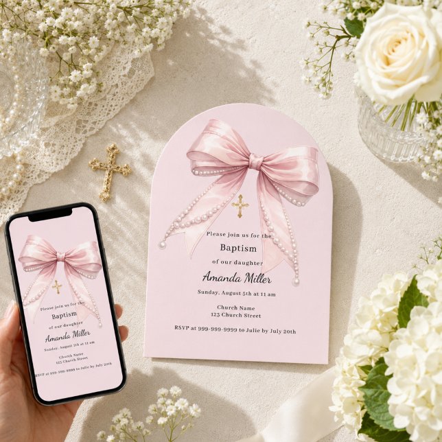 Invitation Fille à l'arc rose perles élégant Baptême (Créateur téléchargé)