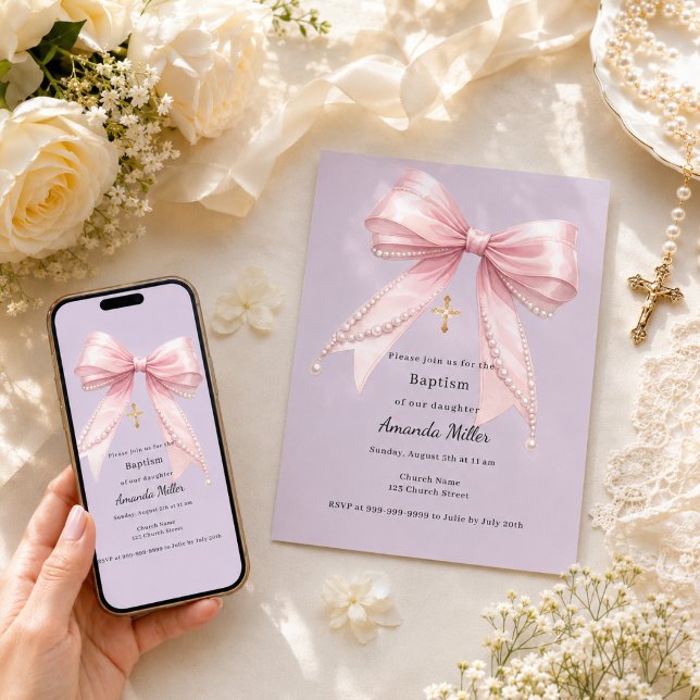 Invitation Fille à l'arc rose perles lavande Baptême (Créateur téléchargé)