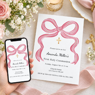 Invitation Fille à l'arceau rose Première Communion