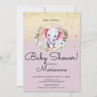 Fille à l'éléphant rose Baby Shower Faux or Paille