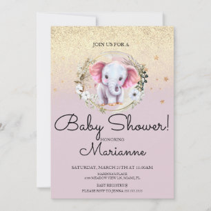 Invitation Fille à l'éléphant rose Baby Shower Faux or Paille