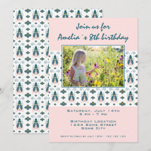 Invitation Fille à motif de fleurs de bugs roses Photo Annive