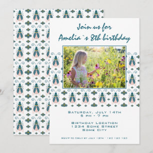 Invitation Fille à motif de fleurs d'insectes roses Photo Ann