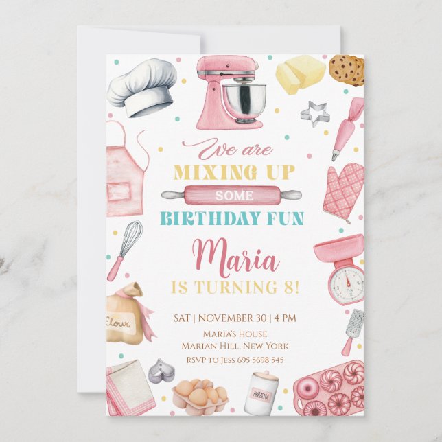Invitation Fille à pâtisser rose Chef Gâteau Anniversaire (Devant)