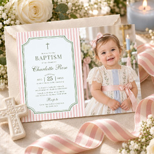 Invitation Fille à rayures vertes Blush Baptême Christening P