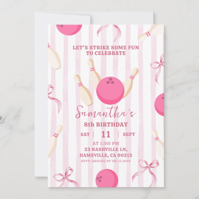 Invitation Fille à ruban rose Bowling Anniversaire (Devant)