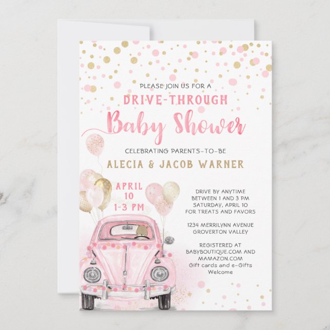Invitation Fille à travers Baby shower Rose Gold Car (Devant)