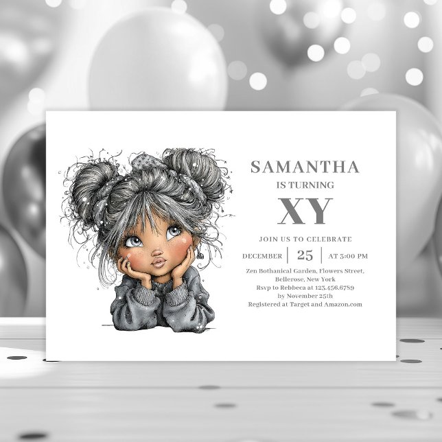 Invitation Fille adolescente excentrique Fête d'anniversaire  (Quirky Teenager Girl Black Gold Birthday Party Invitation

)