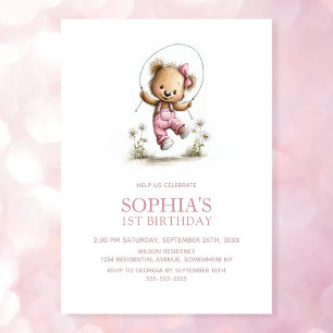 Invitation Fille adorable Ours en peluche 1er Anniversaire