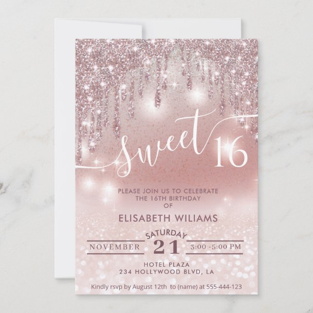 Invitation Fille adorable rose or glittery gouttes d'ombre (Devant)