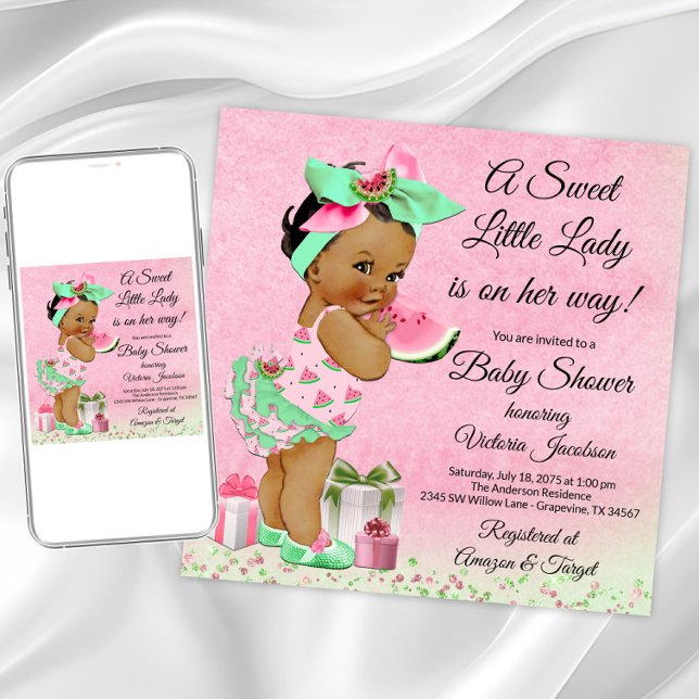 Invitation Fille afro-américaine Baby Shower Pastèque (Cute watermelon baby shower invitation. Instant download and printed invitations available.)