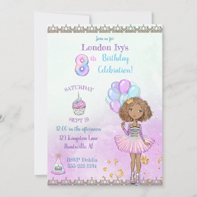 Invitation Fille afro-américaine de 8 ans pour son anniversai (Devant)