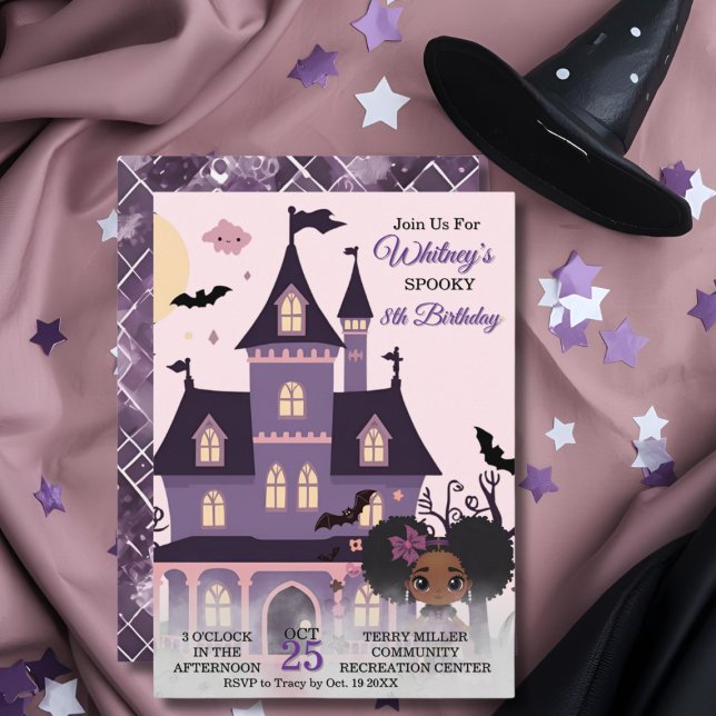 Invitation Fille Afro Puff Gothique Anniversaire Violet Migno (Spooky Cute Purple Birthday Gothic Afro Puff Girl Invitation)