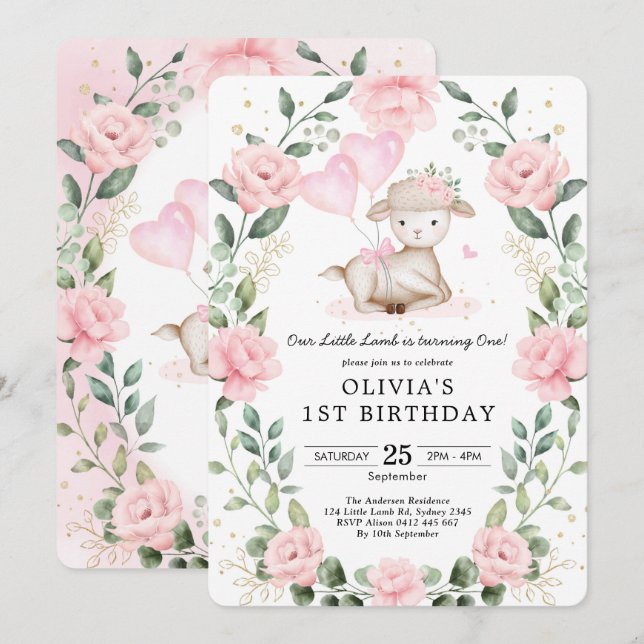 Invitation Fille Agneau Bébé Mouton Blush Floral 1er annivers (Devant / Derrière)