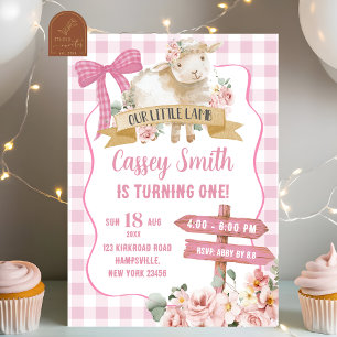 Invitation Fille Agneau Floral rose Premier anniversaire Invi