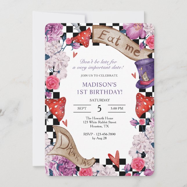 Invitation Fille Alice au pays des merveilles fête d'annivers (Devant)