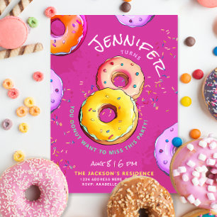 Invitation Fille amusante 8ème Anniversaire Rose Donut Coloré