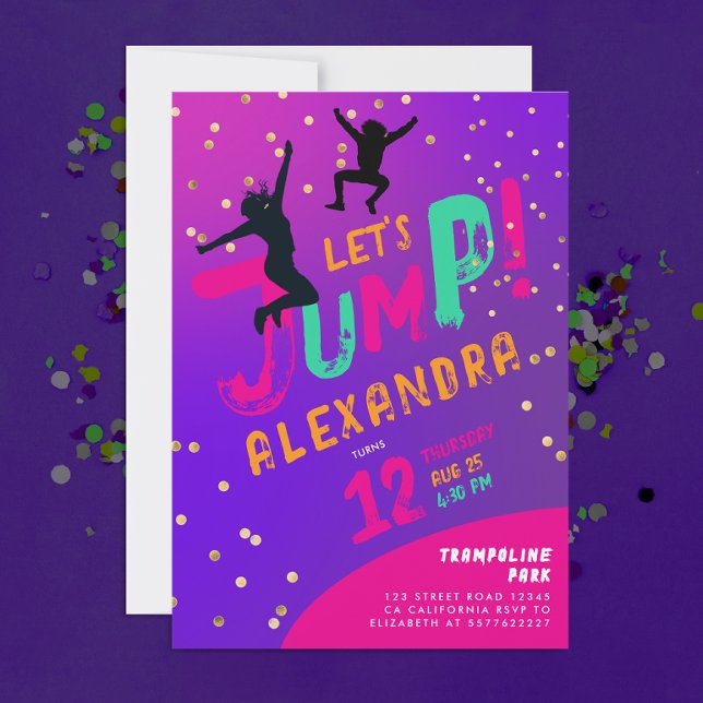 Invitation Fille Amusante Moderne Violet Rose Trampoline Saut (Créateur téléchargé)