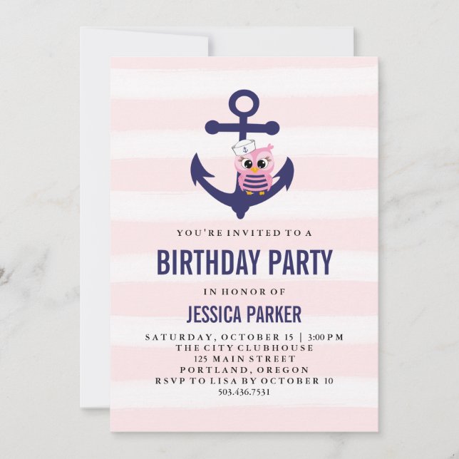 Invitation Fille Ancre nautique avec Chouette et Stripe Anniv (Devant)