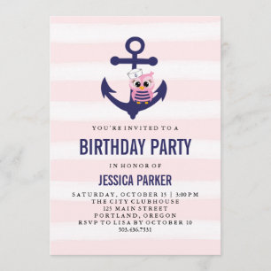 Invitation Fille Ancre nautique avec Chouette et Stripe Anniv