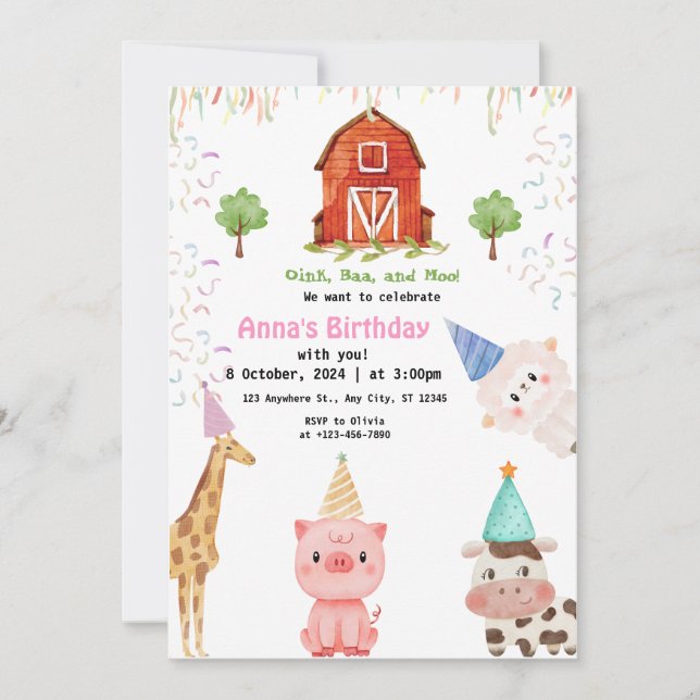 Invitation Fille Animaux de Ferme Gingham Fête d'Anniversaire (Devant)
