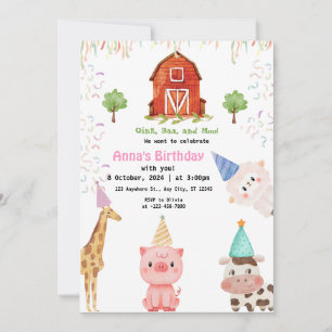 Invitation Fille Animaux de Ferme Gingham Fête d'Anniversaire