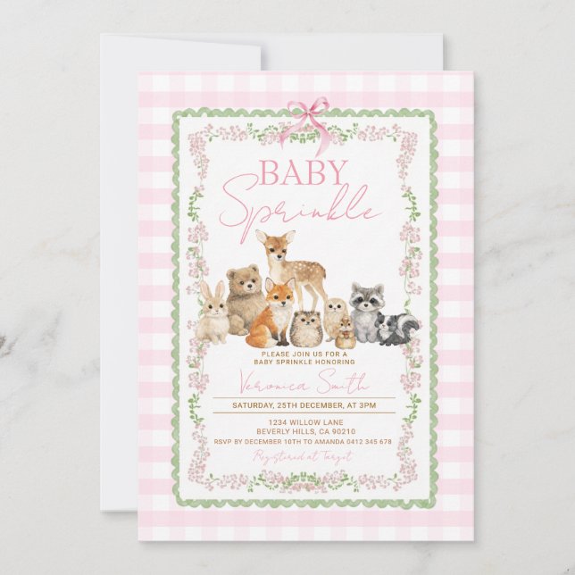 Invitation Fille Animaux de la Forêt Sprinkle | Gingham Rose (Devant)