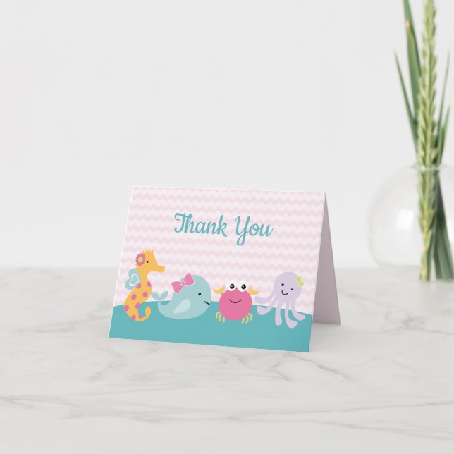 Invitation Fille Animaux Marins Vie Océan Remerciement Invita (Devant)