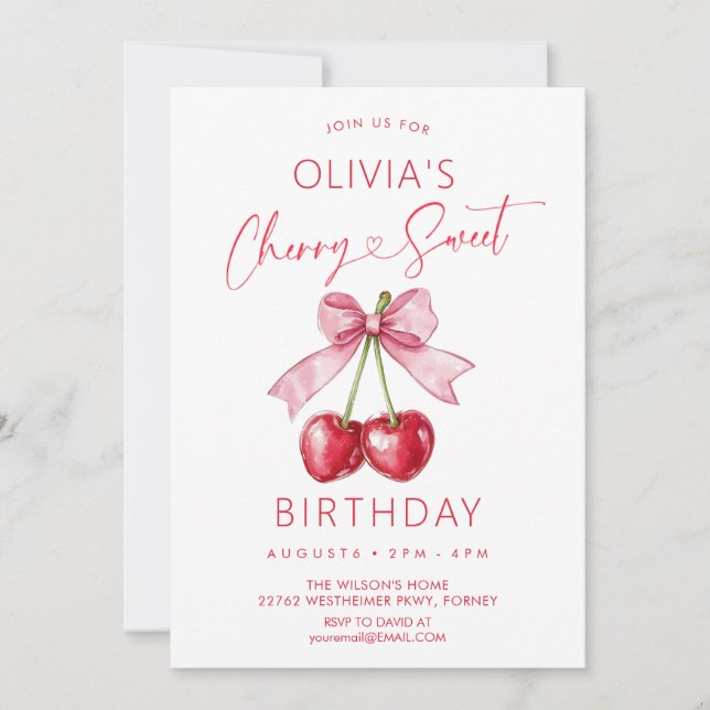 Invitation Fille anniversaire cerise ruban rose (Devant)