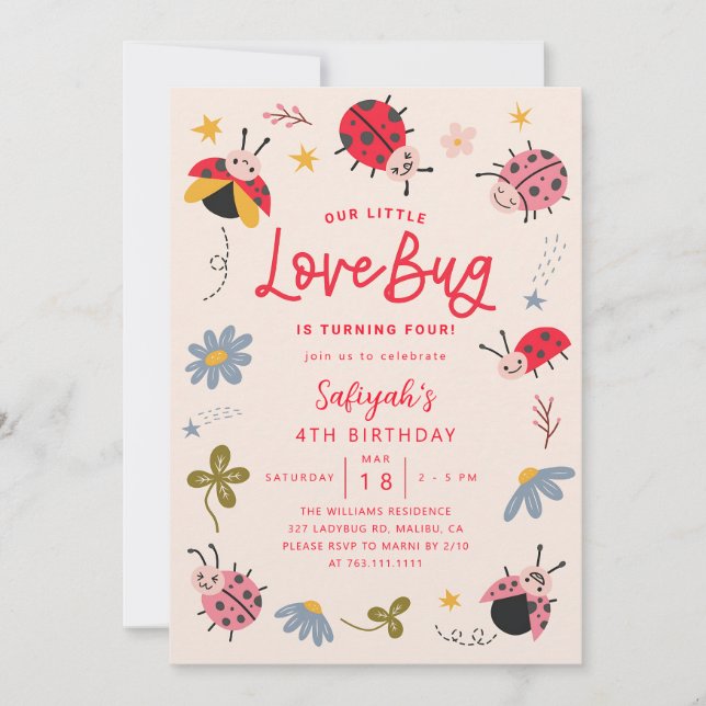 Invitation Fille anniversaire coccinelle fleur sauvage (Devant)