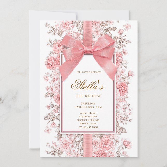 Invitation Fille anniversaire élégant nœud rose (Devant)