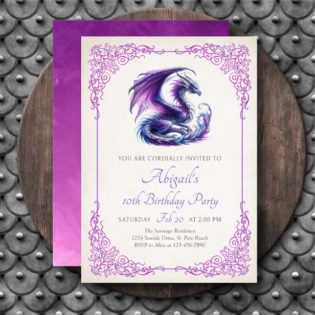 Invitation Fille anniversaire fantasy dragon violet rose (Créateur téléchargé)